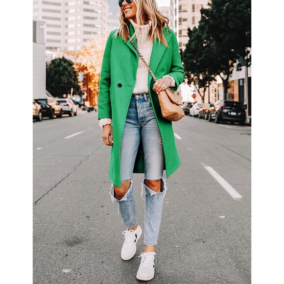 Women’s Green Wool Coat Casual Long Chic Outerwear Warm Winter Jacket Style - Picture 2 of 8